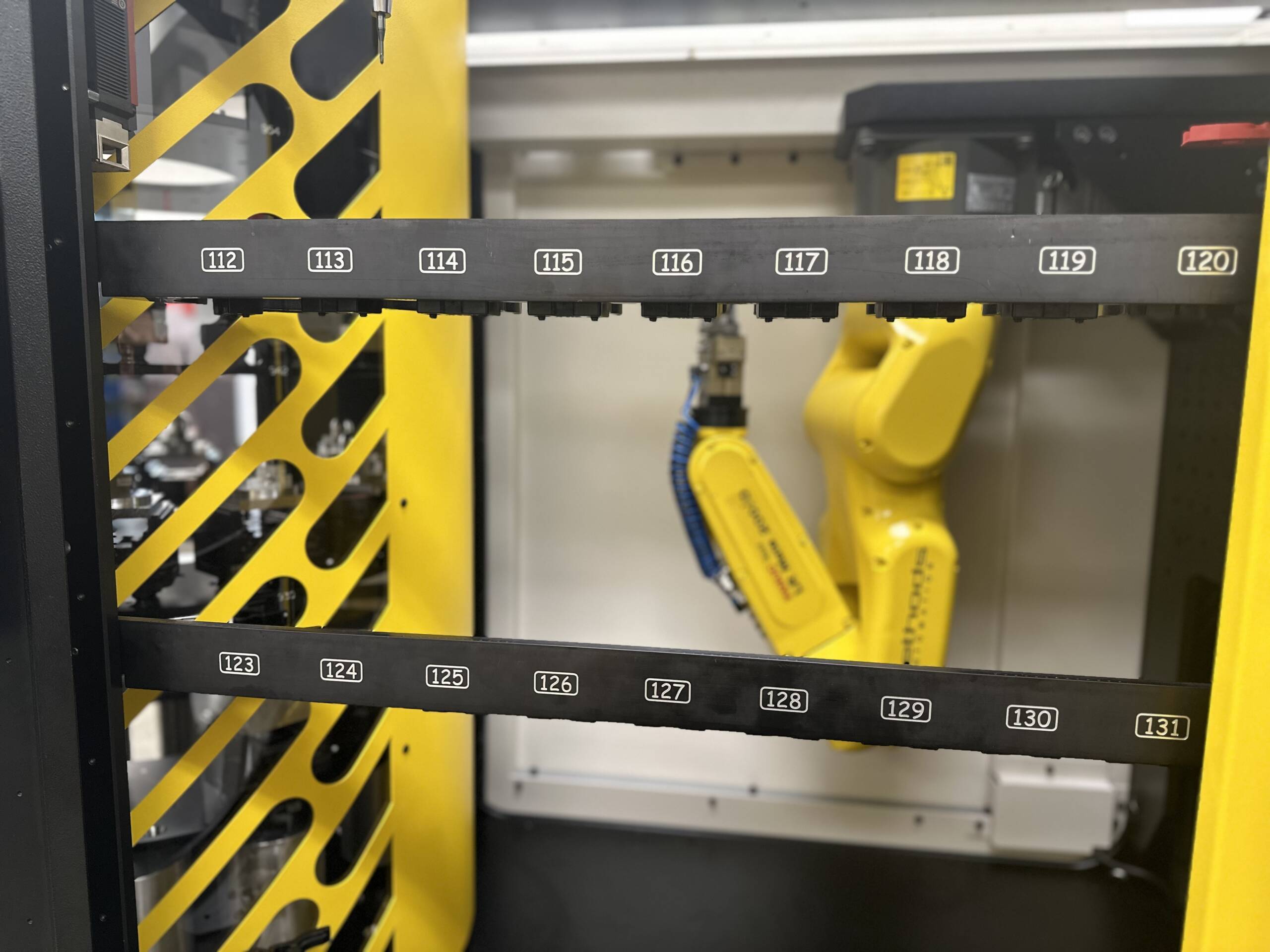 Industrial robot with numbered shelves