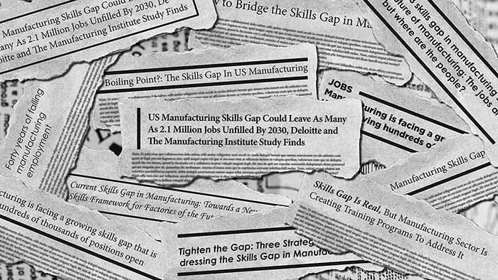 collage of news headlines about the manufacturing skills gap