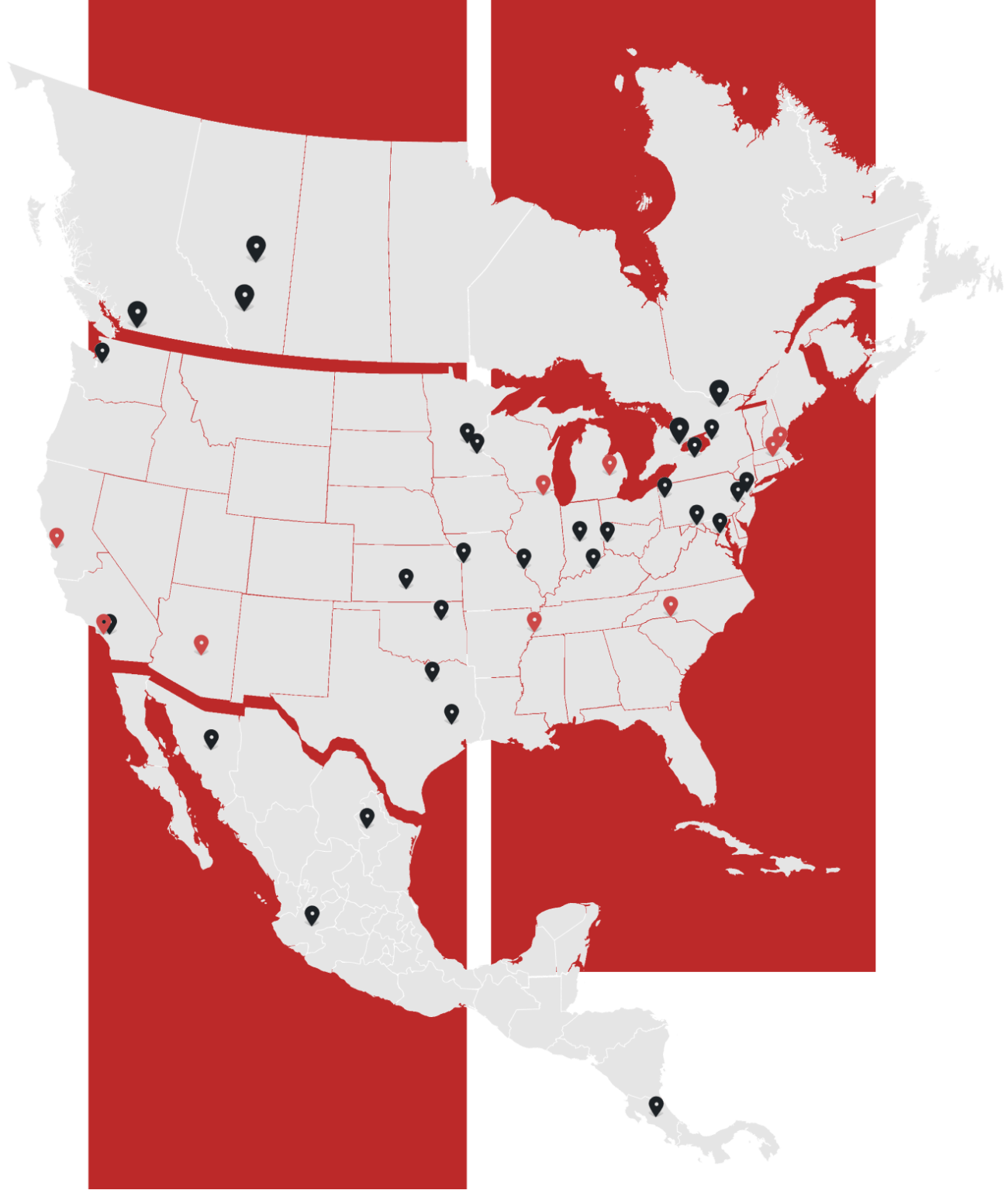Illustration map of Methods locations in the United States, Canada, and Mexico.