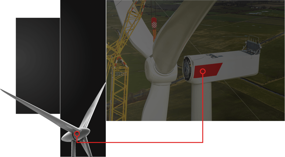 an illustration of wind turbines with lines drawn between turbine parts that are manufactured using cnc machine tools