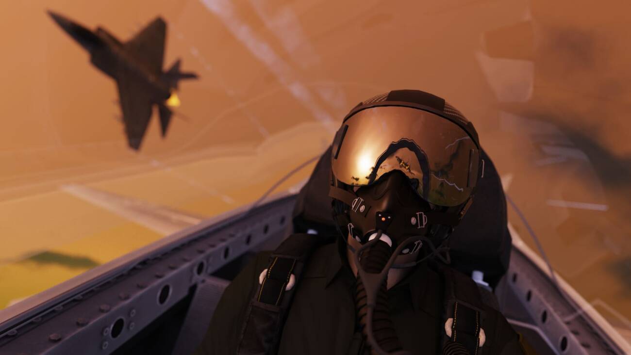 Jet fighter pilot wearing oxygen mask flying together for mission in cockpit view
